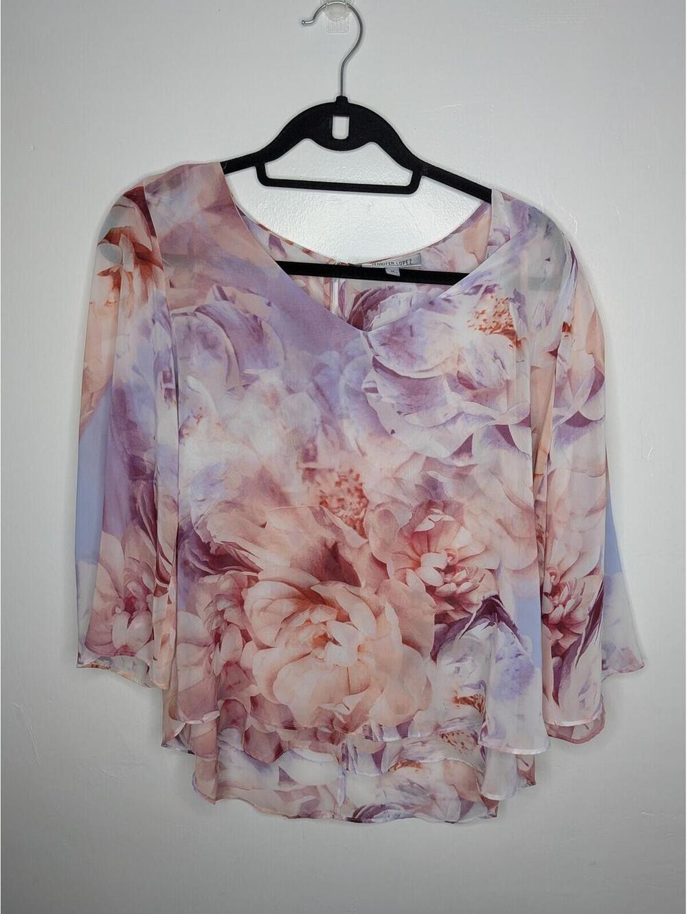 Jennifer Lopez Blouse Womens M Pink Floral Chiffon Kimono Sleeve Layered Hem Top
